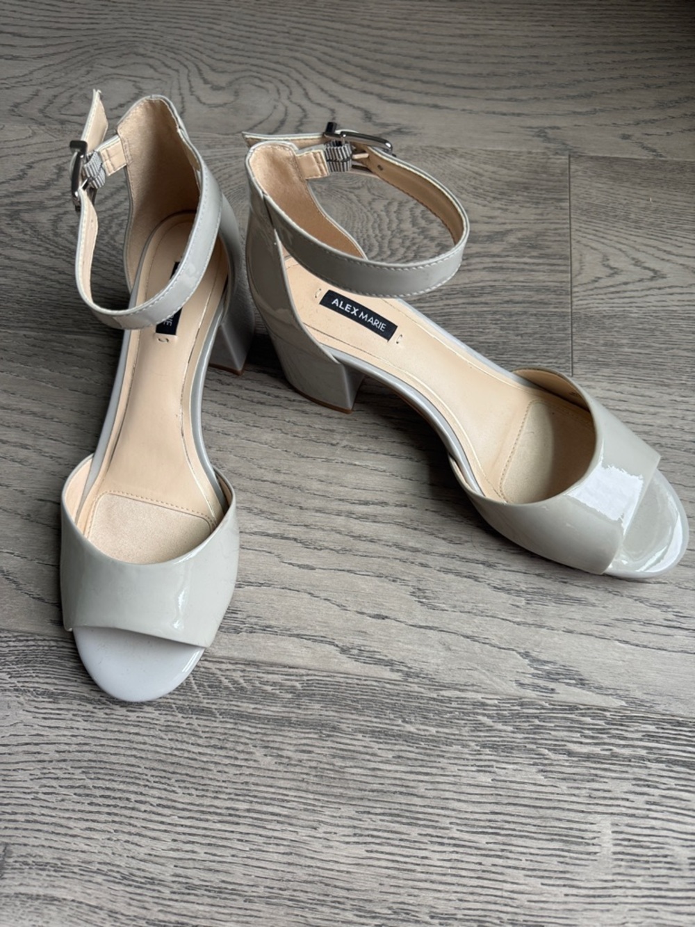 Alex Marie Light Gray Patent Block Heel Sandals with Ankle Strap